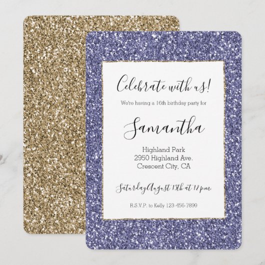 Lila Glitzer Einladung (Vorne/Hinten)