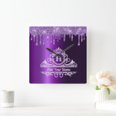 LILA GLITZER ELEGANT MONOGRAM WANDEL SCHLIESSEN QUADRATISCHE WANDUHR (Zuhause)