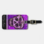 Lila Glitzer Elegantes Black Skull Travel Monogram Gepäckanhänger (Vorderseite horizontal)