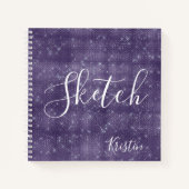 Lila Glitzer Elegantes Skript Ihr Name Sketchbook Notizblock (Vorderseite)