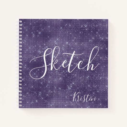 Lila Glitzer Elegantes Skript Ihr Name Sketchbook Notizblock (Vorderseite)