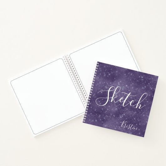 Lila Glitzer Elegantes Skript Ihr Name Sketchbook Notizblock (Innenseite)