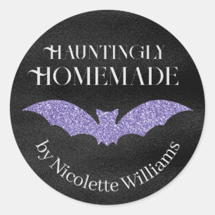 Lila Glitzer-Fledermaus Selbstgemachtes Halloween Runder Aufkleber