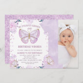 Lila Glitzer Foto Butterfly Kisses 1. Geburtstag Einladung (Vorne/Hinten)