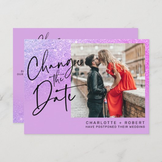 Lila Glitzer Foto Hochzeit ändern das Datum Ankündigungspostkarte (Vorne/Hinten)