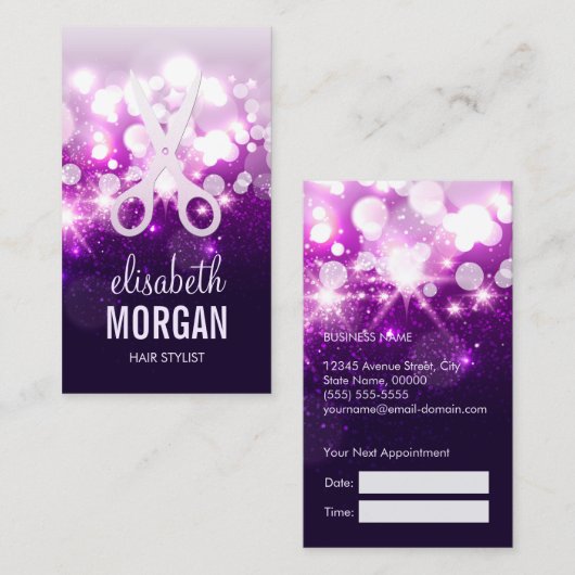 Lila Glitzer Funkelnd Haar Stylist Ernennung Terminkarte (Vorne/Hinten)
