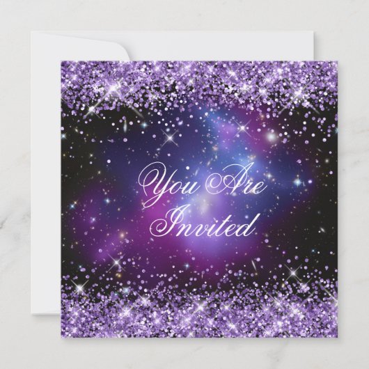 Lila Glitzer Galaxy Cluster Planetarium Hochzeit Einladung (Vorderseite)