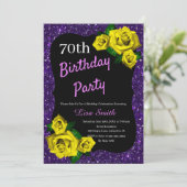 Lila Glitzer Gelbe Rosen aller Altersklassen Einladung (Stehend Vorderseite)