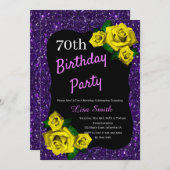 Lila Glitzer Gelbe Rosen aller Altersklassen Einladung (Vorne/Hinten)