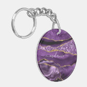 Lila Glitzer Geode Individuelle Name Schlüsselanhä Schlüsselanhänger (Vorderseite links)