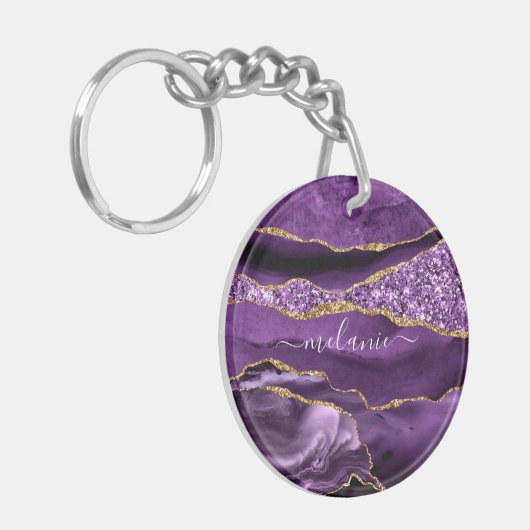 Lila Glitzer Geode Individuelle Name Schlüsselanhä Schlüsselanhänger (Vorderseite links)