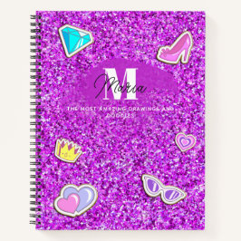 Lila Glitzer Girl Monogram Name Sketchbook Notizblock