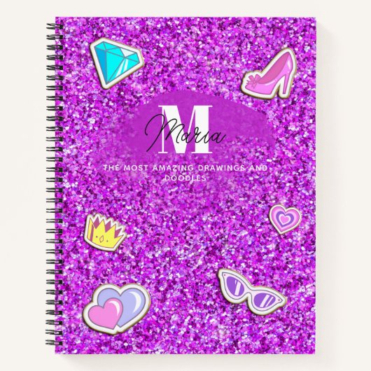 Lila Glitzer Girl Monogram Name Sketchbook Notizblock (Vorderseite)