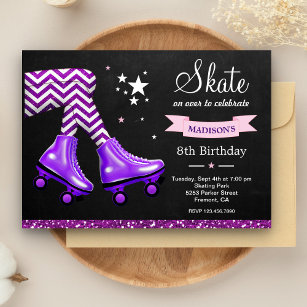 Lila Glitzer Girls Roller Skaten Geburtstagsparty Einladung