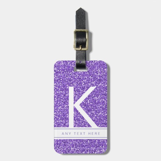 Lila Glitzer Girly Modernes Mit Monogramm Gepäck Gepäckanhänger (Vorderseite vertikal)