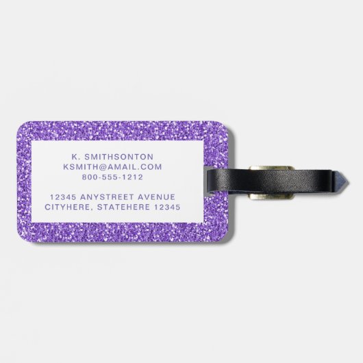 Lila Glitzer Girly Modernes Mit Monogramm Gepäck Gepäckanhänger (Rückseite horizontal)