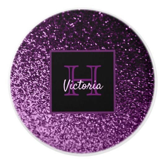 Lila Glitzer glänzend Glam mit Monogramm Keramikknauf (Vorderseite)