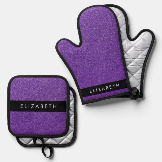 Lila Glitzer, Glitzer Hintergrund, Ihr Name Ofenhandschuh & Topflappen-Set (Vorderseite/Rückseite)