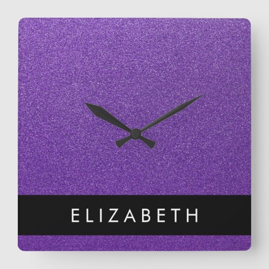 Lila Glitzer, Glitzer Hintergrund, Ihr Name Quadratische Wanduhr (Vorderseite)