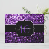 Lila Glitzer Glitzern Sweet 16 Einladung (Stehend Vorderseite)