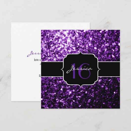 Lila Glitzer Glitzern Sweet 16 Square Einladung (Vorne/Hinten)