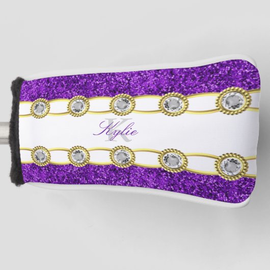 Lila Glitzer Gold Juwelen Monogramm Name Putter Golf Headcover (Vorderseite)
