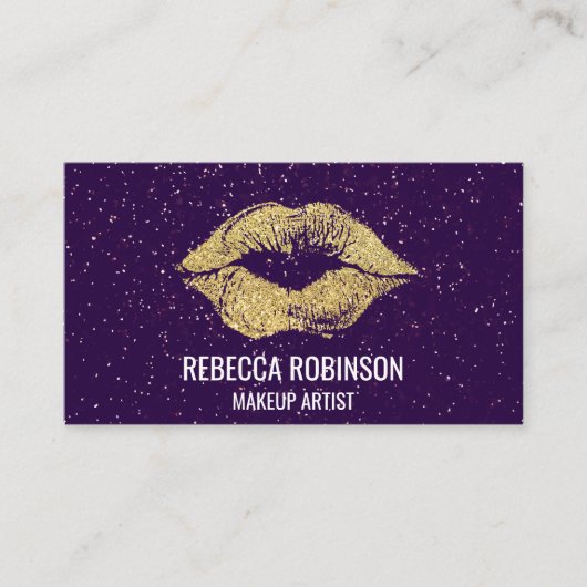 Lila Glitzer | Gold Lipstick Kiss Visitenkarte (Vorderseite)