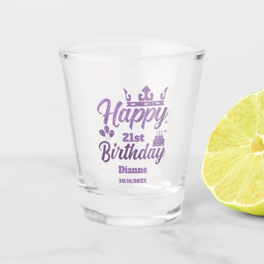 Lila Glitzer "Happy Birthday" Shotglas Schnapsglas (Vorderseite)