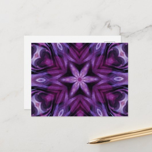 Lila Glitzer Herz und Blume Kaleidoskop Muster Postkarte (Vorderseite/Rückseite Beispiel)