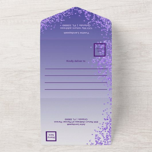 Lila Glitzer Kalligraphie Nr. Sweet 16 All In One Einladung (Außenbereich)