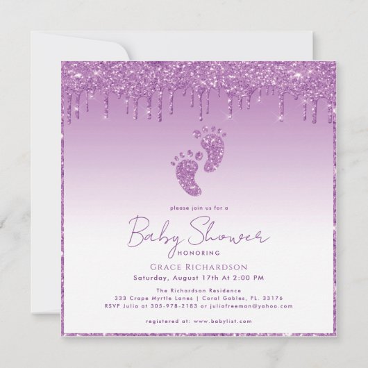 Lila Glitzer Kinderdusche Einladung (Vorderseite)