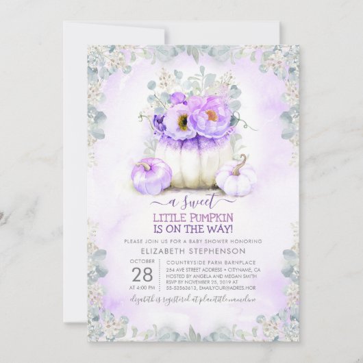 Lila Glitzer Kleine florale Pumpkin Baby Dusche Einladung (Vorderseite)