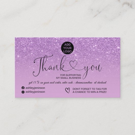 Lila Glitzer Logo Glitzern Ordnung danke Visitenkarte (Vorderseite)