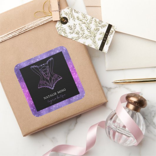 Lila Glitzer Luxury Lingerie Boutique Square Quadratischer Aufkleber (Schenken)