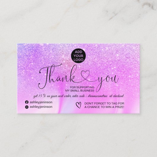 Lila Glitzer Marmor Logo Bestellung Vielen Dank Visitenkarte (Vorderseite)