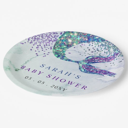Lila Glitzer Mermaid Kinderdusche Pappteller (Schrägansicht)