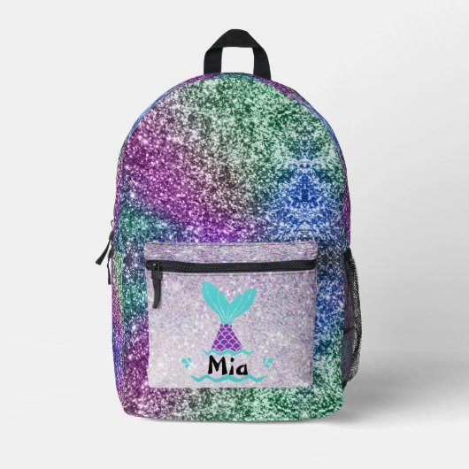 Lila Glitzer Mermaid Name Bedruckter Rucksack (Vorderseite)