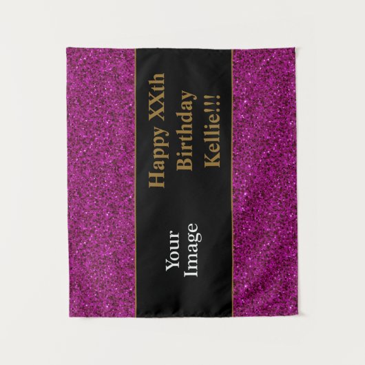 Lila Glitzer mit Foto von Nachrichten zum Geburtst Wandteppich (Vorderseite)