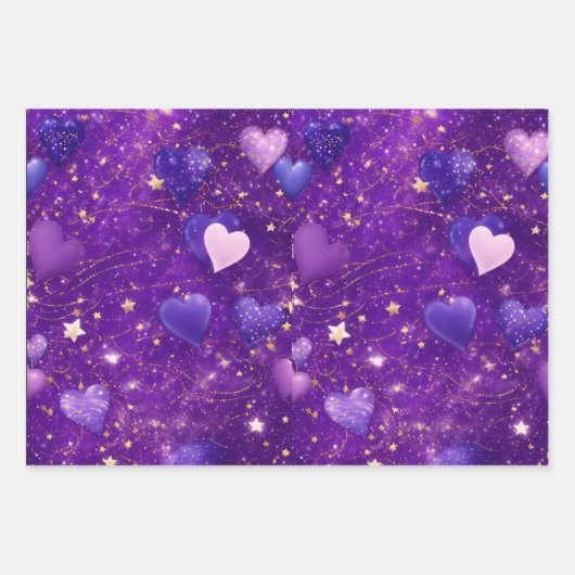 lila Glitzer mit Herzen und Sternen Geschenkpapier Set (Vorderseite 3)