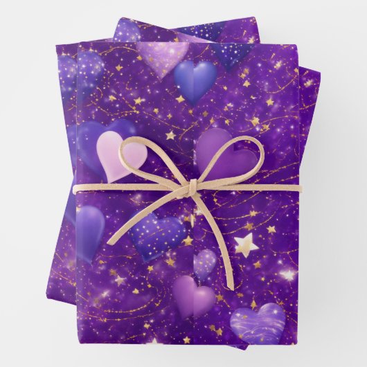 lila Glitzer mit Herzen und Sternen Geschenkpapier Set (Beispiel)
