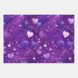 lila Glitzer mit Herzen und Sternen Geschenkpapier Set