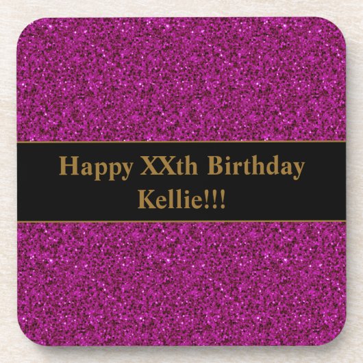 Lila Glitzer mit Meldung zum Geburtstag Getränkeuntersetzer (Vorderseite)