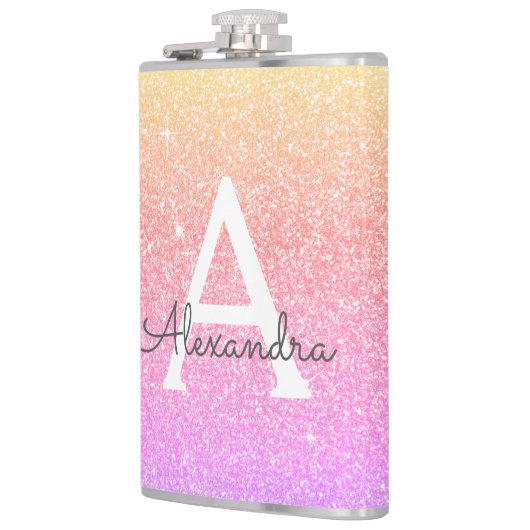 Lila Glitzer mit rosa und schwarzem Monogramm Flachmann (Links)