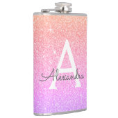 Lila Glitzer mit rosa und schwarzem Monogramm Flachmann (Rechts)