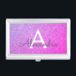 Lila Glitzer mit rosa und schwarzem Monogramm Visitenkarten Dose<br><div class="desc">Rosa und Lila Ombre Imitats Glitzer und sparkle Elegant Monogram Visitenkartenhalter. Dieser Visitenkartenhalter kann so angepasst werden,  dass er Ihren Vor- und Erstnamen einbezieht.</div>