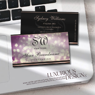 Lila Glitzer Monogram Black Rose Gold Border Visitenkarte