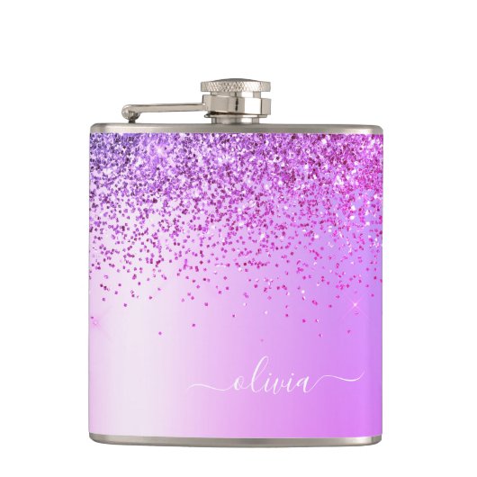 Lila Glitzer Monogram Name Luxury Girl Flachmann (Vorderseite)