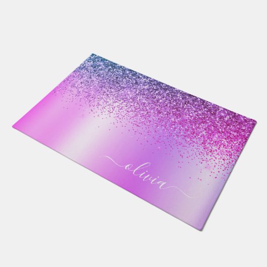 Lila Glitzer Monogram Name Luxury Girl Fußmatte (Schrägansicht)