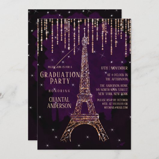 Lila Glitzer Paris Eiffel Tower Abschluss Einladung (Vorne/Hinten)