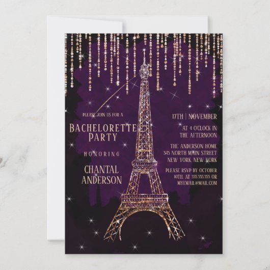 Lila Glitzer Paris Eiffel Tower Bachelorette Einladung (Vorderseite)